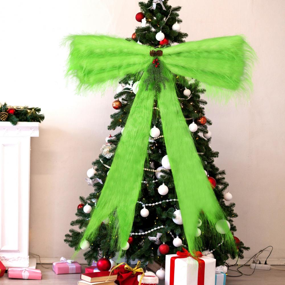 Christmas Tree Bow Bow Tree Topper Extra Green Christmas Tree Topper Bow with Led Lights Plush Faux Fur Holiday Decor Pinecones