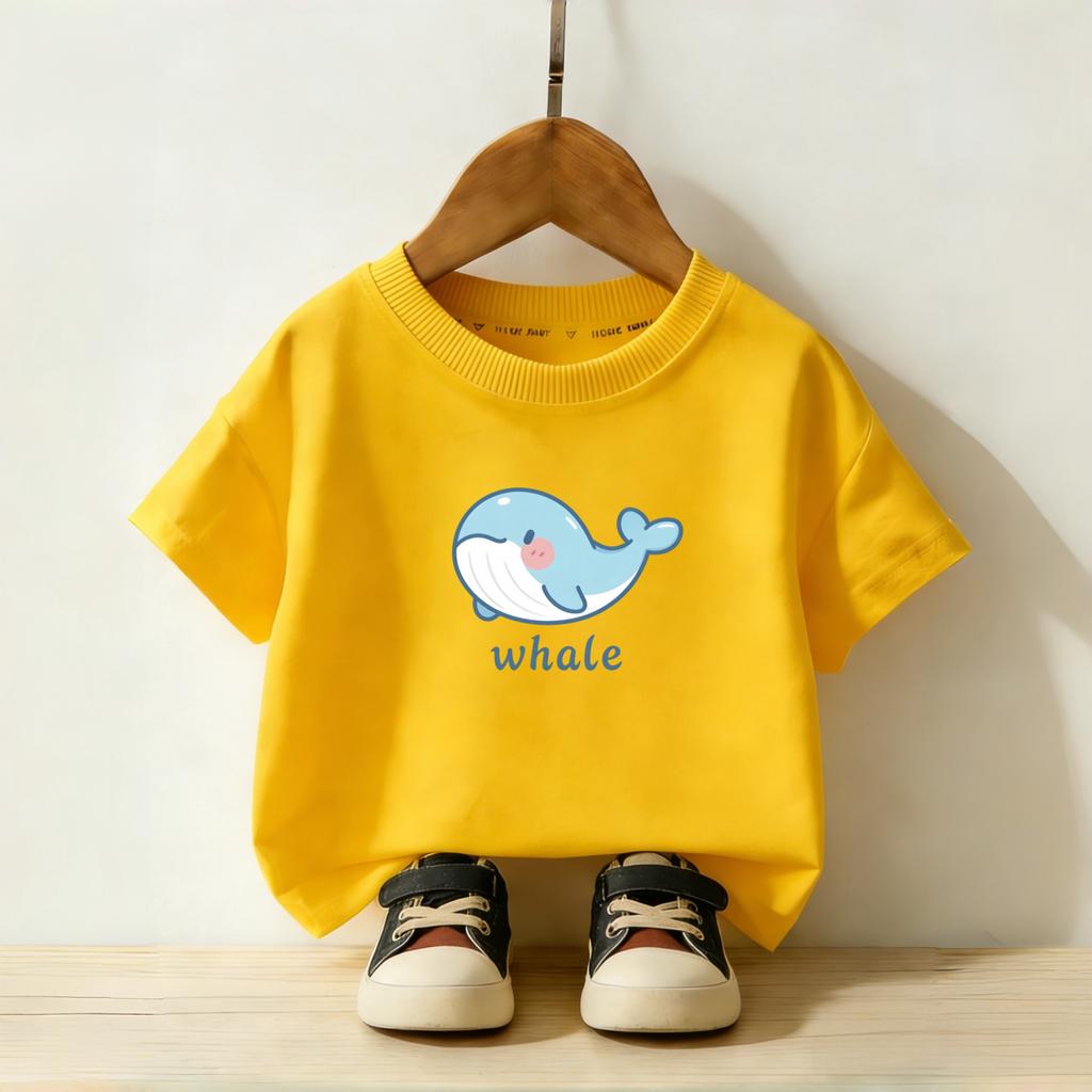 Cartoon Whale Print Children's Daily Short Sleeved Tshirt Boys and Girls Round Neck Short Sleeved Casual Parent-child Top Summer