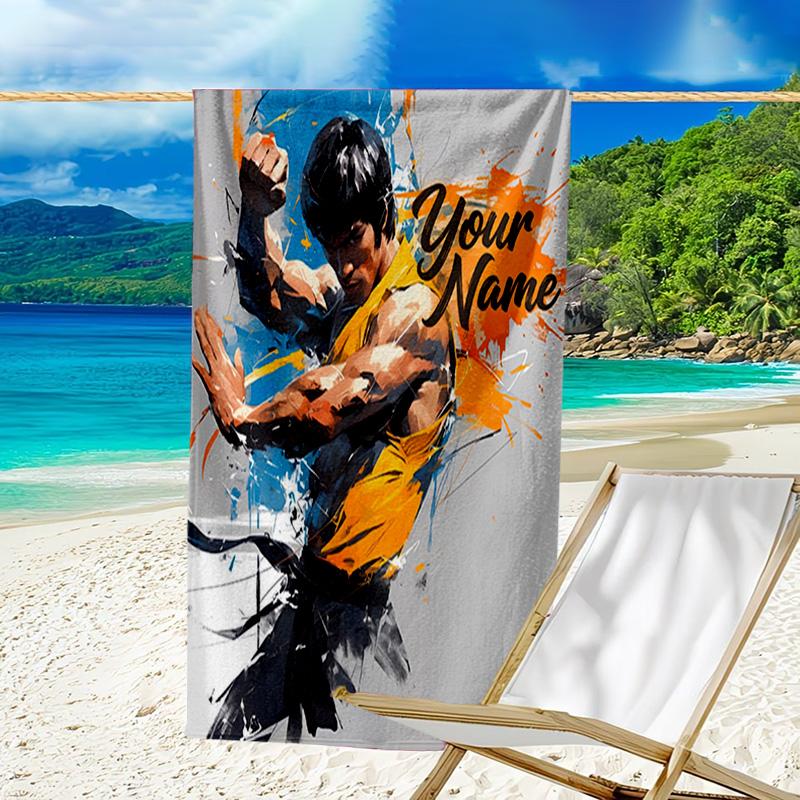Custom Name Beach Towel Dynamic Bruce-Lee Pose Beach Towel, Soft Microfiber, Gift for Her/Him, Birthday, for Pool, Beach, Travel, Fan gifts