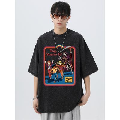 Der Tod verfolgt mich von hinten Gewaschenes Retro Herren-T-Shirt Atmungsaktive Oversize-Tees Sommer Baumwollkleidung Paar