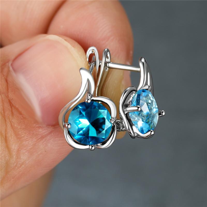 Round Rainbow Red Blue Green Yellow Black Stone Flower Hoop Earrings For Women Silver Color White Zircon Small Ear Buckle Gifts