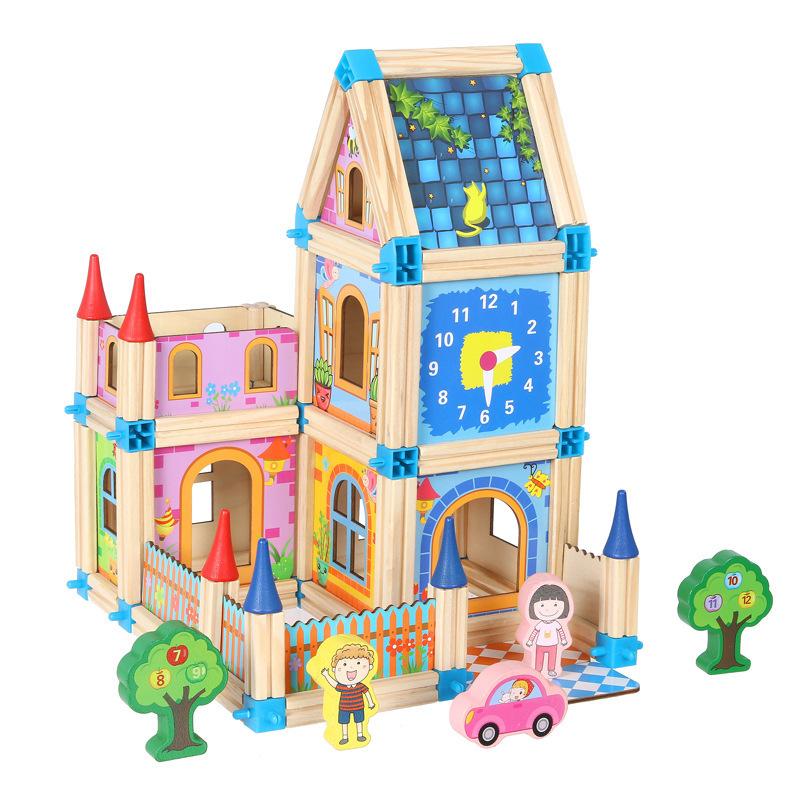 Wooden master building block children's early education mosaic house model assembly colorful house toys