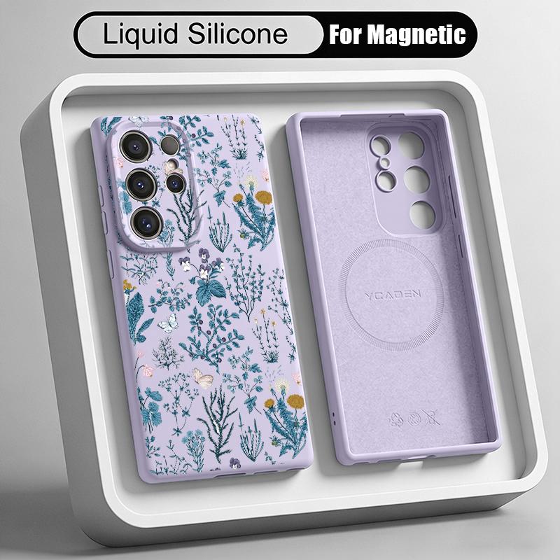 Cartoon Flowers Print Case For Samsung Galaxy S26 S25 Ultra S24 Plus S23 S22 Ultra Magnetic For Magsafe Liquid Silicone Cover