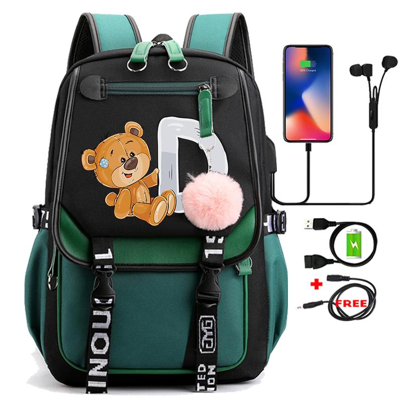 Lovely Little Bear 26 English Letters Student School Bag Backpack Outdoor Teenage Girl Cartoon Bookbag Laptop Travel Rucksack