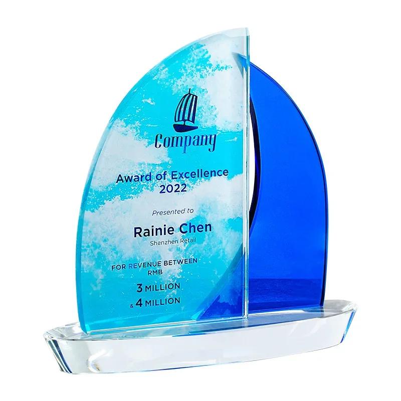 Customized Sailboat Award Color Printing, Crystal Trophy Enterprise Excellent Employee Home Decoration Honor Lettering Medal 1Pc