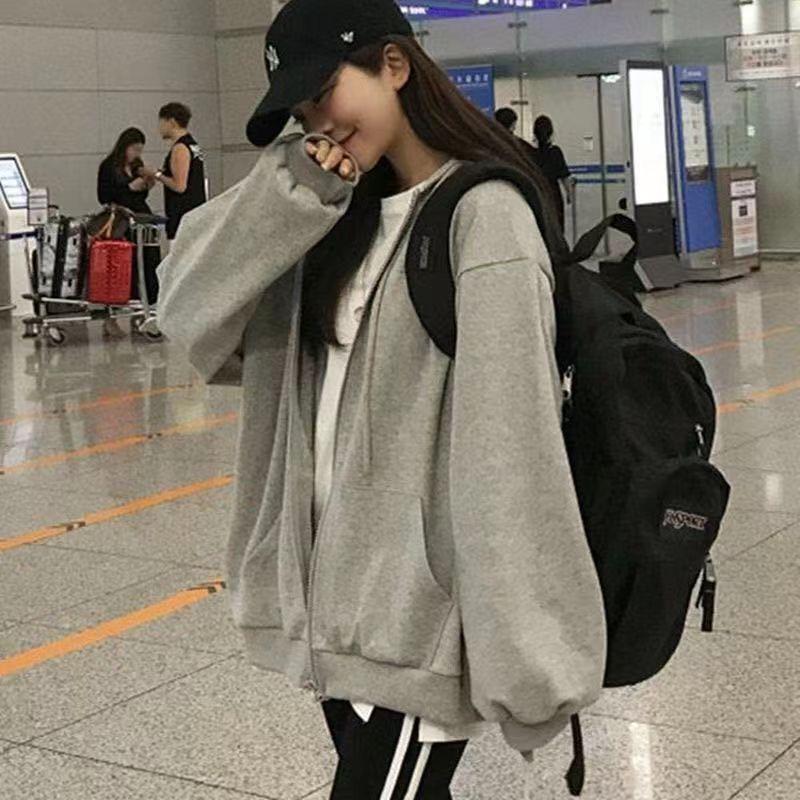 Felpa con cappuccio e zip foderata in pile da donna - Stile coreano pigro, Cardigan spesso per la primavera e l'autunno 2024.