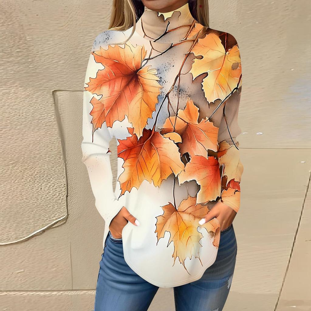 Women's Fashionable Casual High Neck Printed Long Sleeve T-Shirt Pullover Top