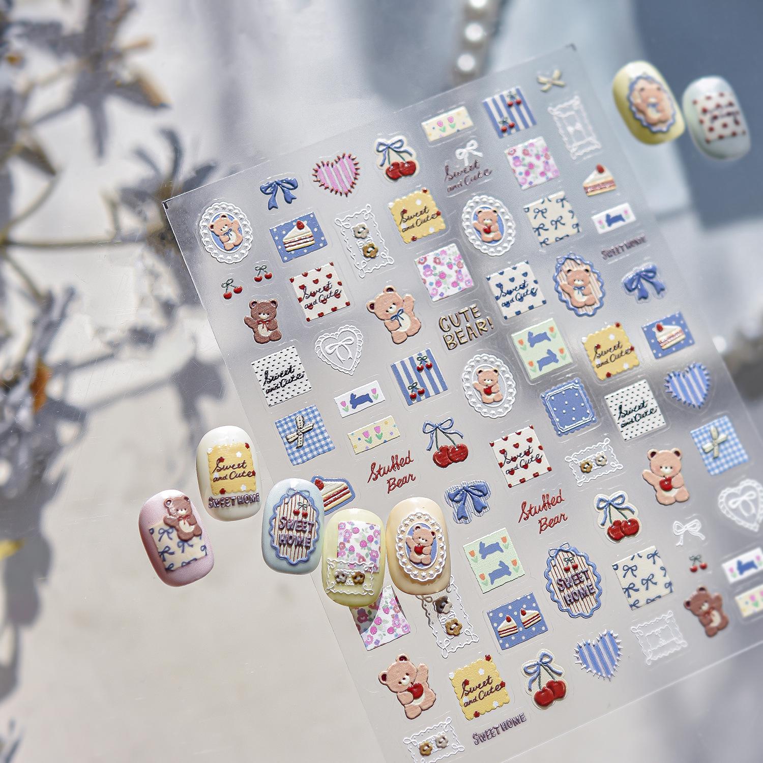 Embossed 3D Little Bear Nail Art Stickers - Cute Cartoon DIY Nail Decoration