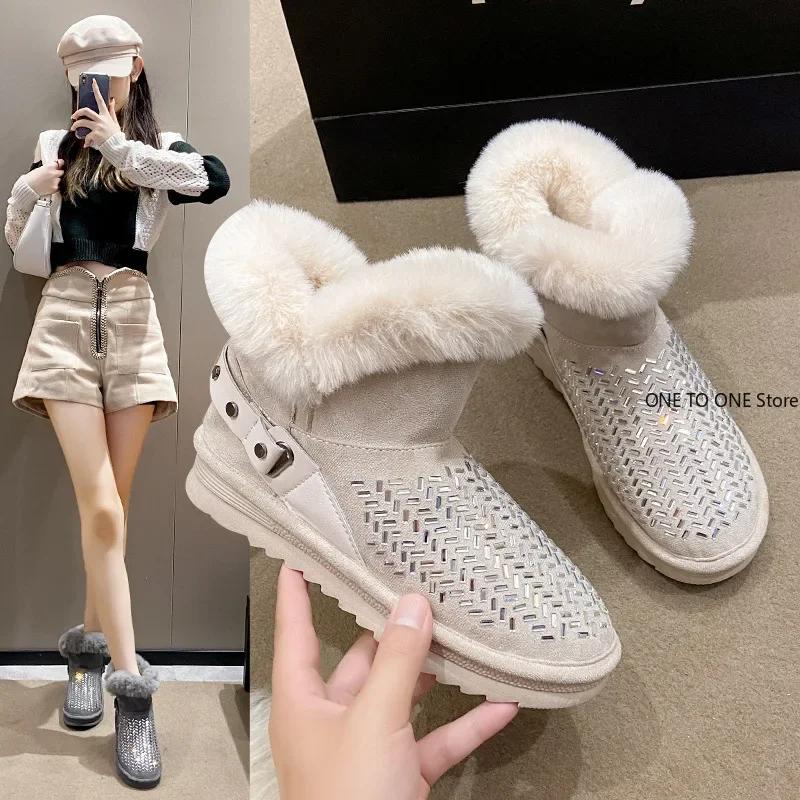 Fashion High Platform Shoes Winter Snow Boots Slip-on LazySeal Warm Real Mink Fur Shoes Women Luxury Crystal Hand Stitching Leather Boot