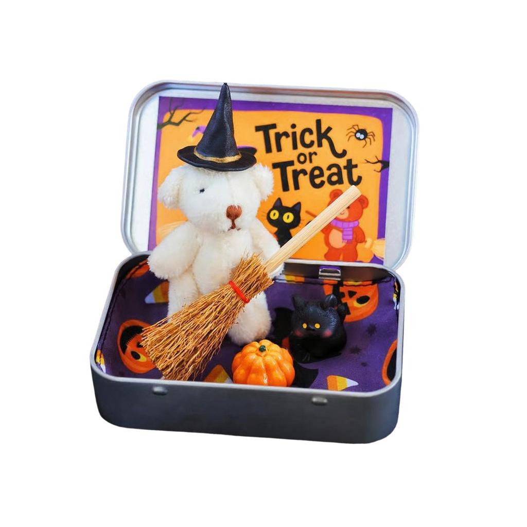 Halloween Bear In Box For Trick Or Treating With Witch Blanket Cloak Pumpkin And Cat