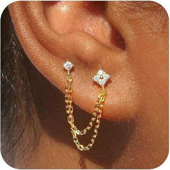 18 Karat Gold Plated Quadratischer Ohr-Cuff und Kette Zirkon Steckerohrringe Set - Drei Teile