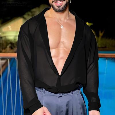 Herren Revers Hals Langarm Knöpfe vorne Mesh Sheer Durchsichtige Shirts Tops