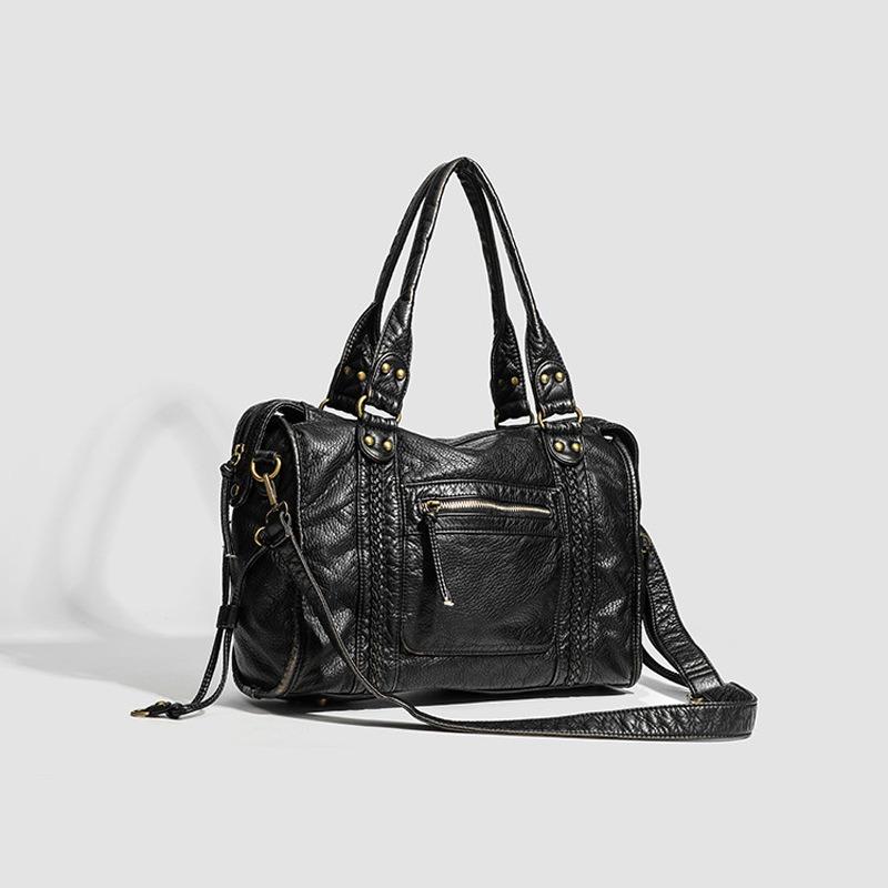 Geantă de damă casual din piele spălată, geantă de umăr din piele moale, geantă retro tip locomotivă, geantă messenger