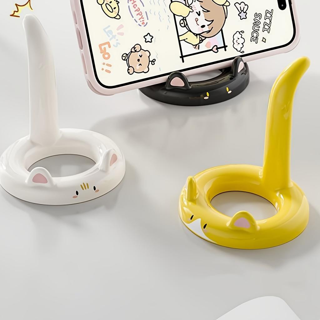 Creative Cat Phone Stand, Cute Plastic Cartoon Holder, Hands Free Horizontal Vertical Stand for Eating Watching, Free Sticker