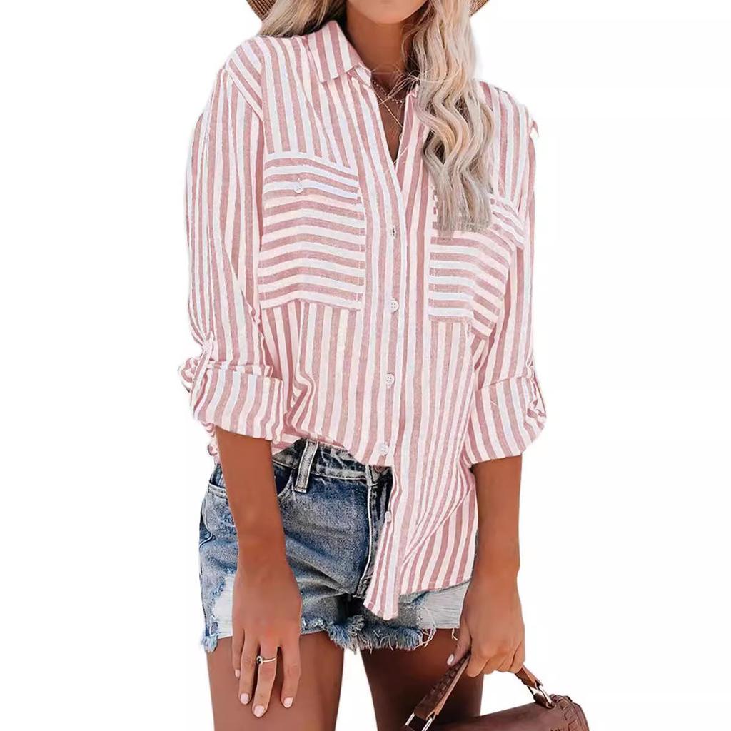 Women's Spring and Summer Striped Single Breasted Long Sleeve Shirt Women Elegant and Youth Woman Stylish Blouse