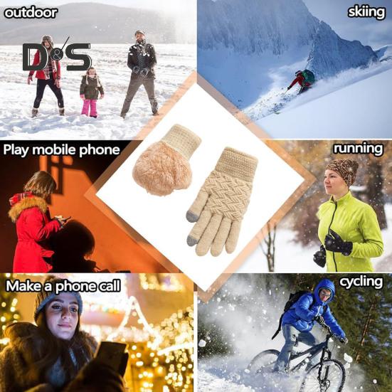 1 Pair Women Winter Gloves Double-layer Thickened Plush Jacquard Knitted Five Fingers Unisex Anti-slip Cold Weather Driving Golfing Skiing Skating