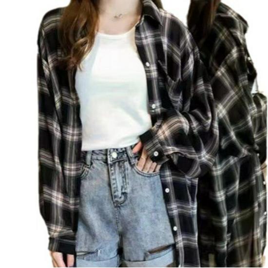 Unisex Karierte Langarm Mittellange Hemdjacke, Größen M-4XL