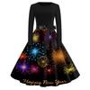 Women's Casual Fashion Round Neck Long Sleeve New Year Printed Retro Dress