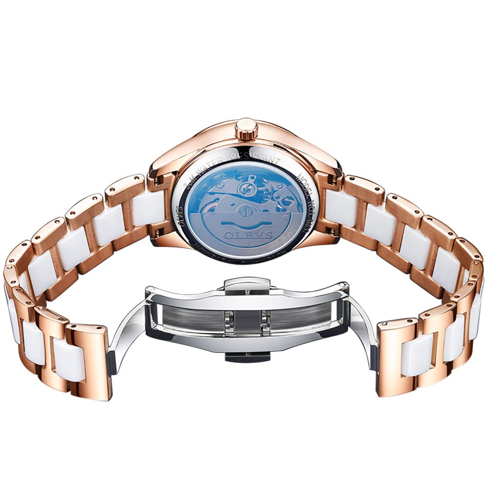OLEVS Women's Stylish Mechanical Wristwatch with Date Display, Popular Fashionable Dial, and Bracelet, Ceramic Watch, Blue