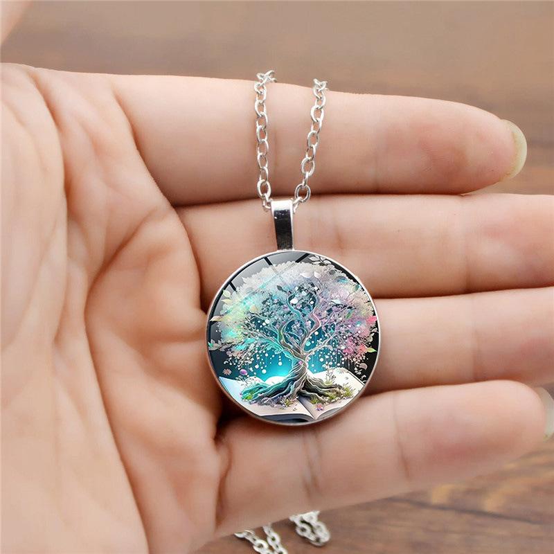 Time Gem Tree of Life Pattern Round Glass Alloy Pendant Necklace