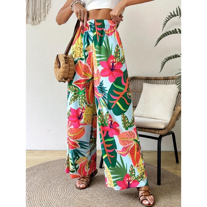 2026 Women's Vacation Casual Comfortable Loose Pants Floral Tropical Elastic Waist Wide Leg Pants