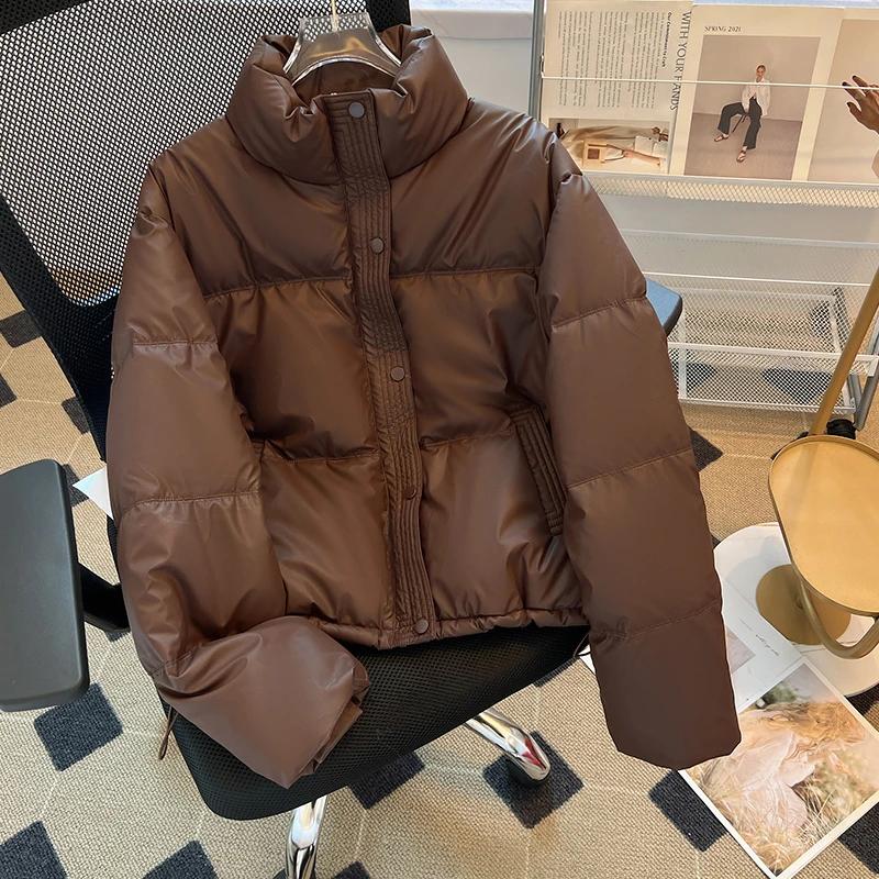 2025 New Winter Free PU Leather Women's Short Stand Collar Down Cotton Coat Trend