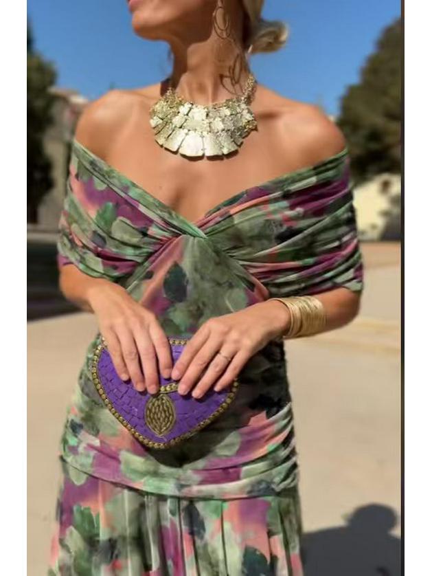 2025 European Style Women's Chiffon Off-the-Shoulder Bandage Dress - Floral Print