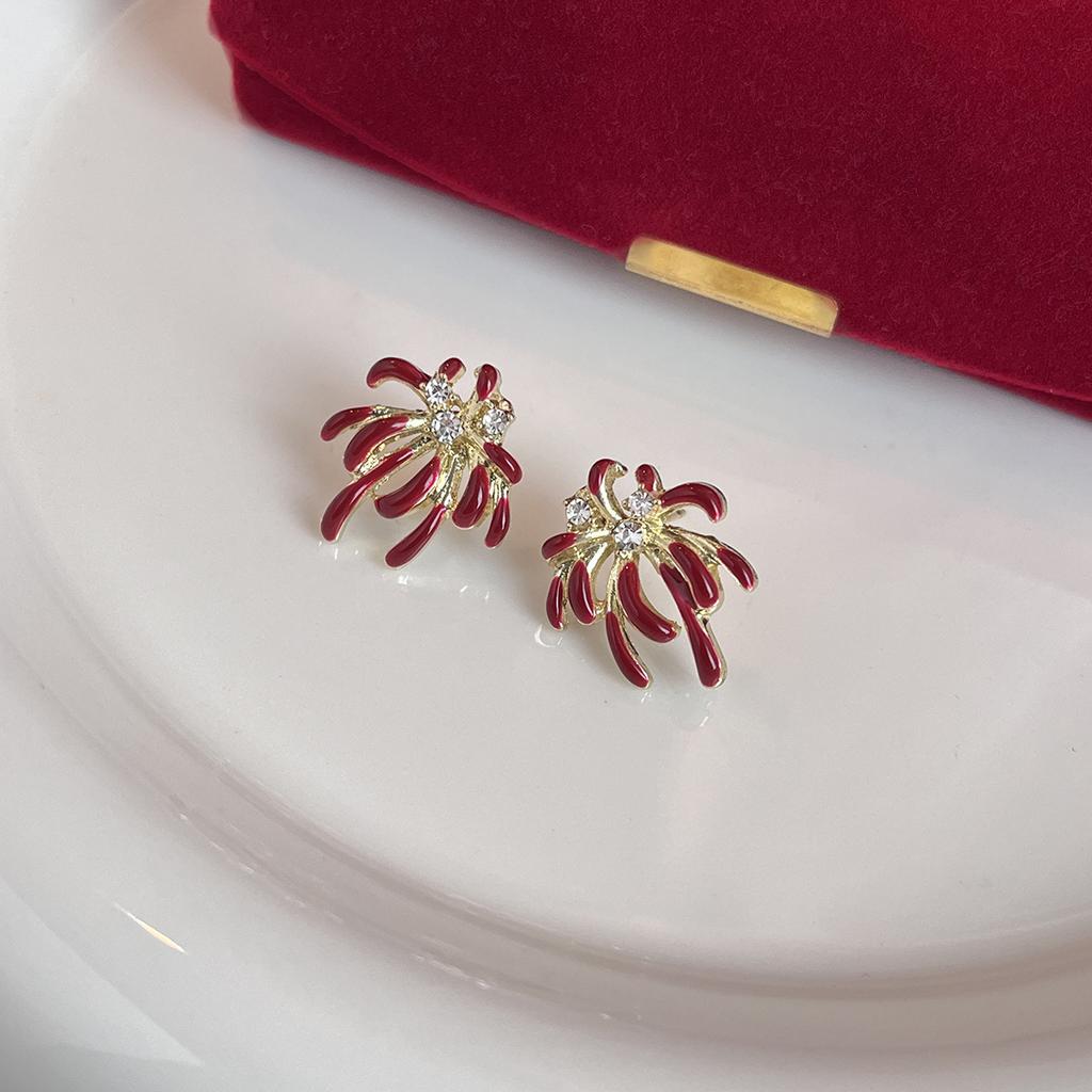 New Year'S Red Bright Fireworks Earrings Women'S Niche Light Luxury High-End Stud Earrings Exquisite Gentle And Sweet Earrings