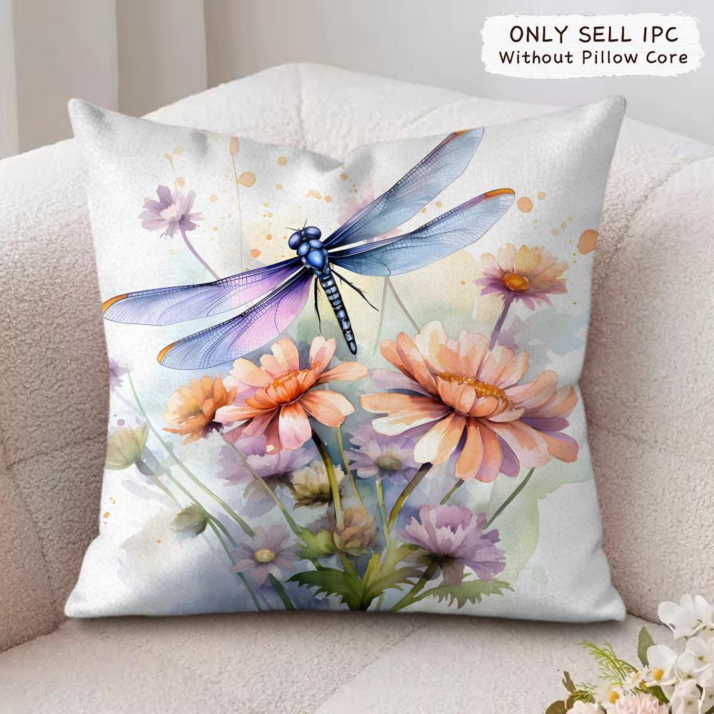 Watercolor Dragonfly Cushion Cover Soft Plush Fabric DoubleSided Printed Cushion Covers for All Seasons Modern HomeDecor Gift