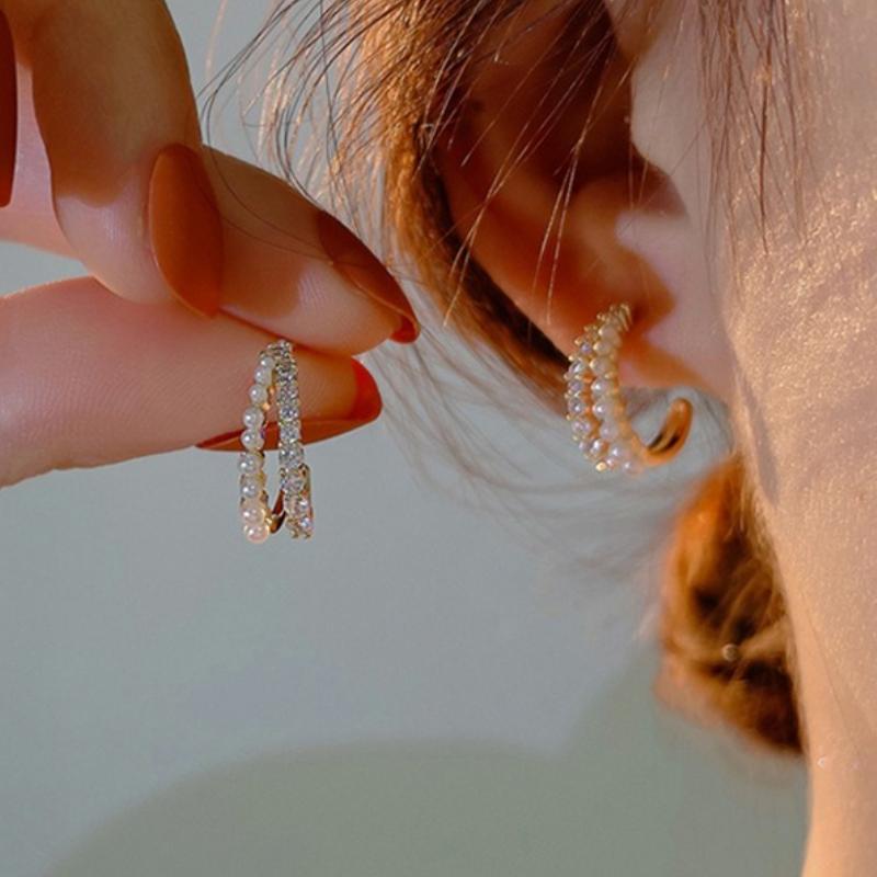 Temperament Double-layer Zirconia Pearl Earrings Tide Senior Sense of Light Luxury Versatile Sweet Earrings Fashionable and Versatile Female