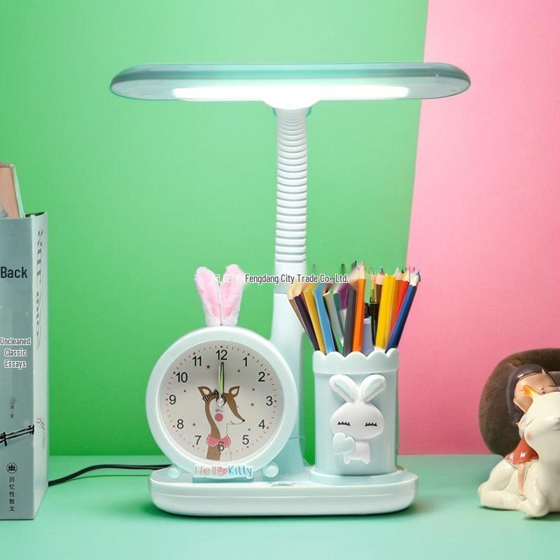 Children's Study Desk Lamp with Eye Protection, Clock, Pen Holder, and Large Light Source