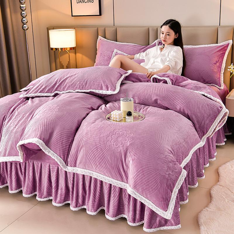 Class A Maternal And Infant Grade High-Gram Carved Fleece Milk Fleece Bed Skirt4-Pcs Set, Winter Double-Sided Fleece Quilt Cover