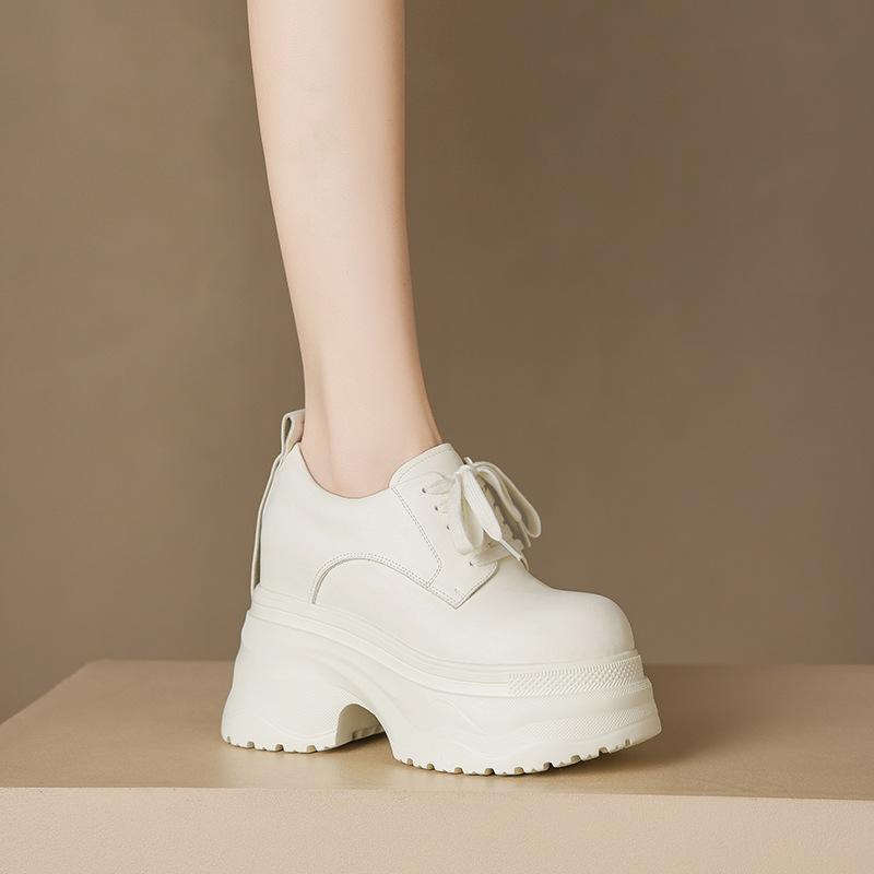 12CM thick-soled inner height-increasing leather single shoes spring new round head deep mouth lace-up height-increasing small leather shoes ca