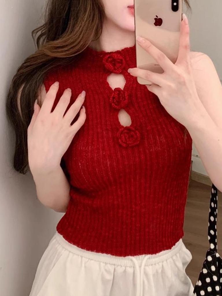 Spicy Girl Sexy Knit Sleeveless Vest with 3D Flower Design 