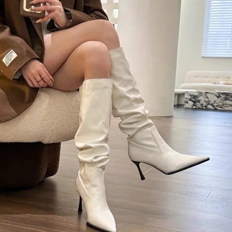 Over-the-knee Boots Women Fashion Pointed Toe Black Side Zipper Thin High Heels Female Shiny Pleated High Heel Botas 2025