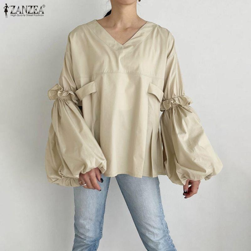 ZANZEA Women Casual V-Neck Puff Long Sleeve Loose Blouse