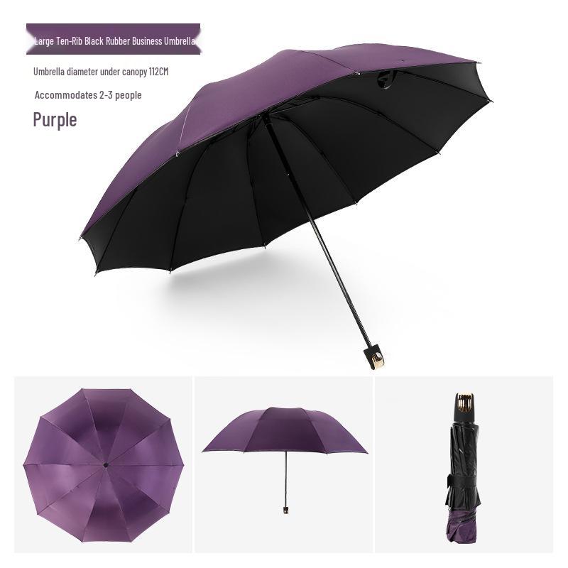 Black Reinforced Folding Umbrella, Sun & Rain Protection, Solid Color, Three-Fold, Fits 1-2 People, Ideal for Business Men & Women.