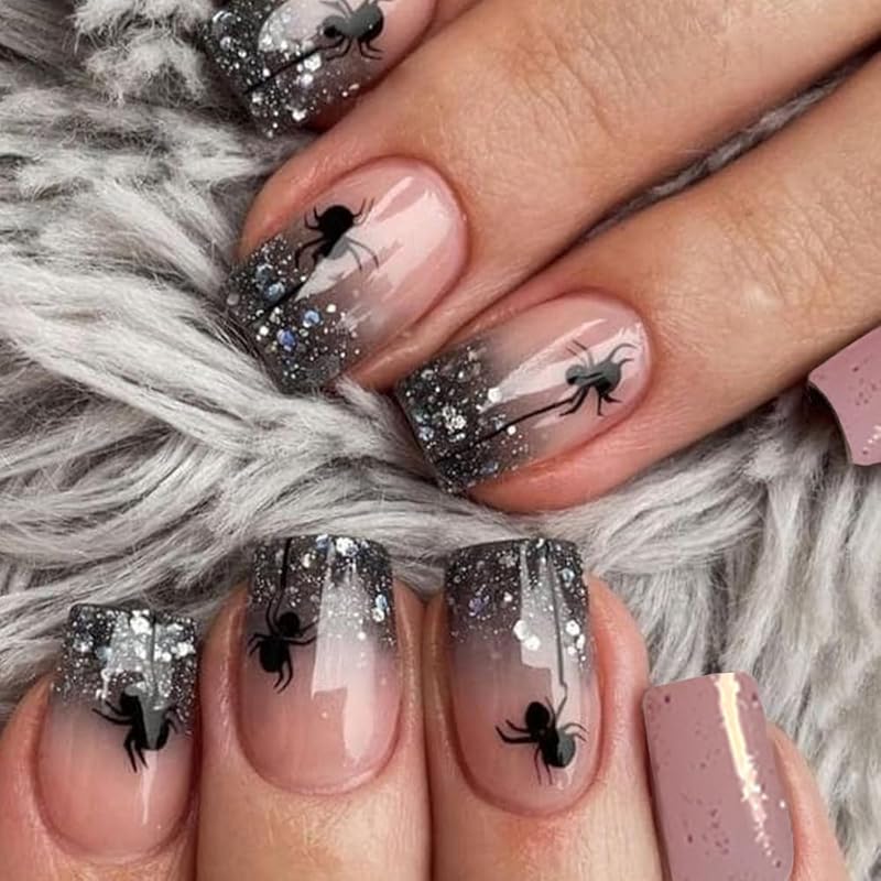 24 Pcs Halloween Press On Nails Short CEWEWP Square Cartoon Fake Nails Mummy Patch Press Ons Nail Tips Orange French Glue On Nails with Terror