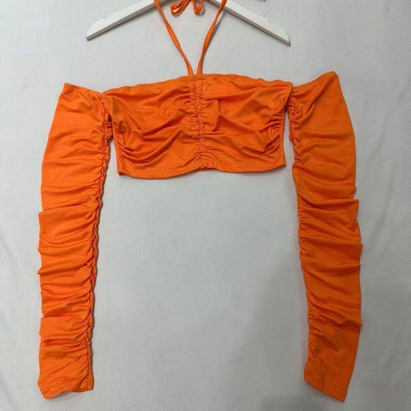 

Внешний Заказ Сексуальная Женская Одежда с Открытыми Плечами Топ-Труба с Длинными Рукавами Однотонная Универсальная Футболка Короткий Наряд с Открытым Животом Облегающие Топы с Открытой Спиной Orange Red M