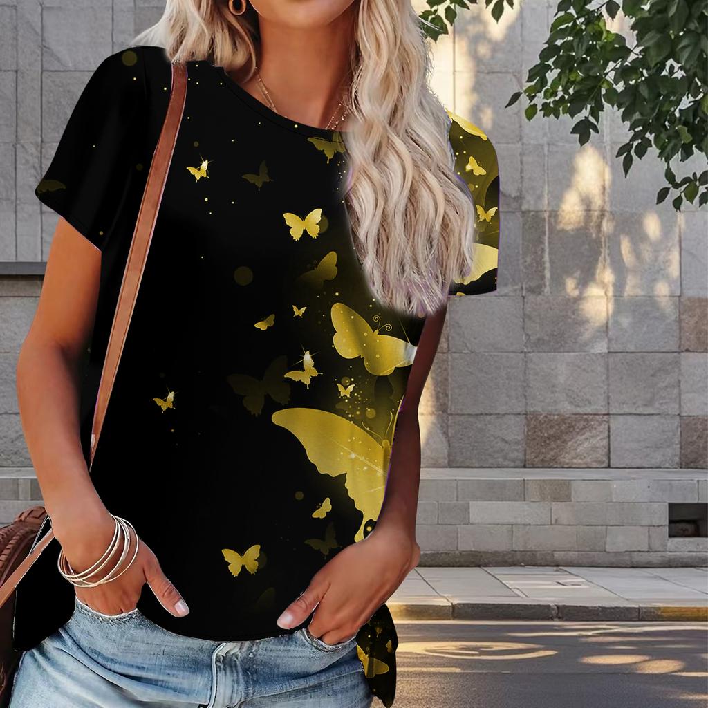 Women Summer T Shirt Butterfly Print Retro Fashion Short Sleeve Tees Casual   Printed  Tops