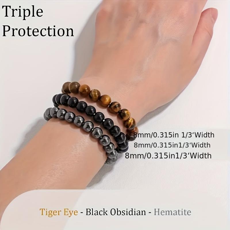 3pcs Mixed Material Bracelet Set | 8mm Tiger Eye + Ferromagnetic + Obsidian Beads, Handmade Elastic Spiritual Additions, Suitable