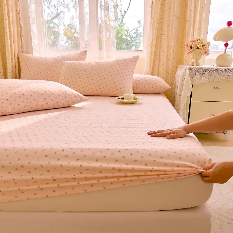 Cotton double-layer yarn printed fitted sheet three-piece set of small floral household bedroom mattress protective cover