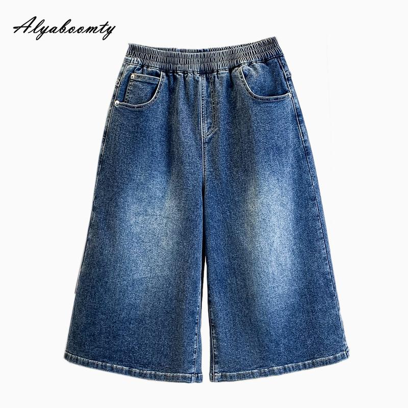Duże Rozmiary Letnie Damskie Niebieskie Jeansowe Capris Elastyczna Talia Płukana Bawełna Krótkie Dżinsy Klasyczne Jednolite Codzienne Luźne Damskie Capris XL-5XL