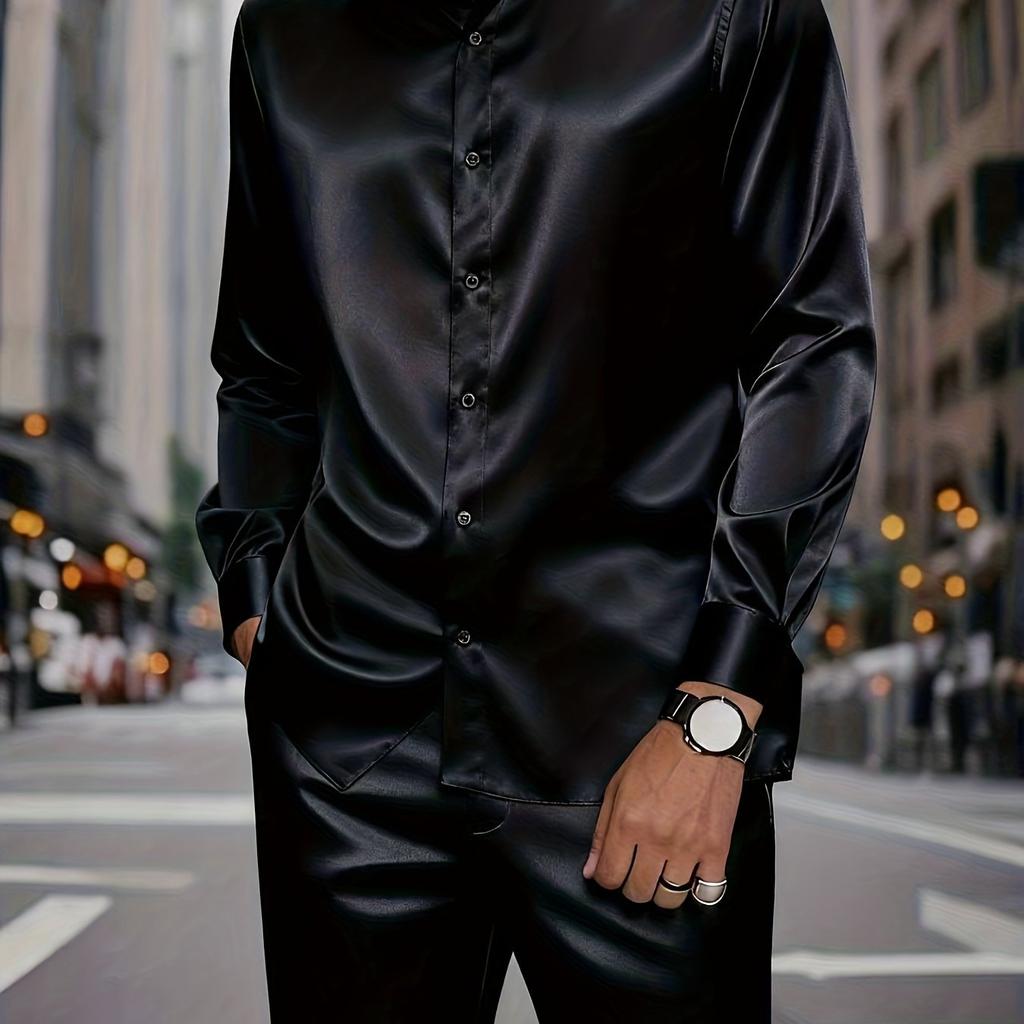 Men's Casual Two-piece Set: Plain Long-sleeved Button-down Shirt with a Spread Collar