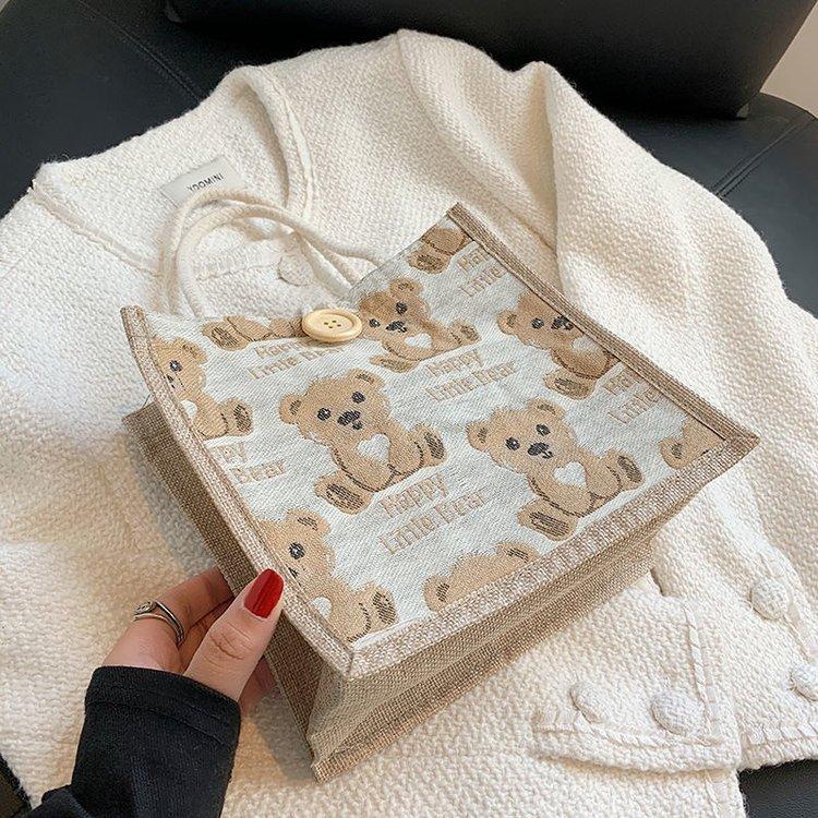 Bear linen tote bag women go out handbag small satchel student shoulder bag tide