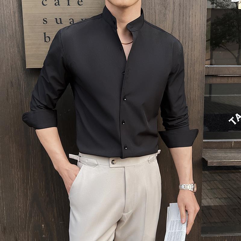 Youth Spring/Autumn Long Sleeve Solid Color Stand Collar Shirt Stretch Drape Shirt