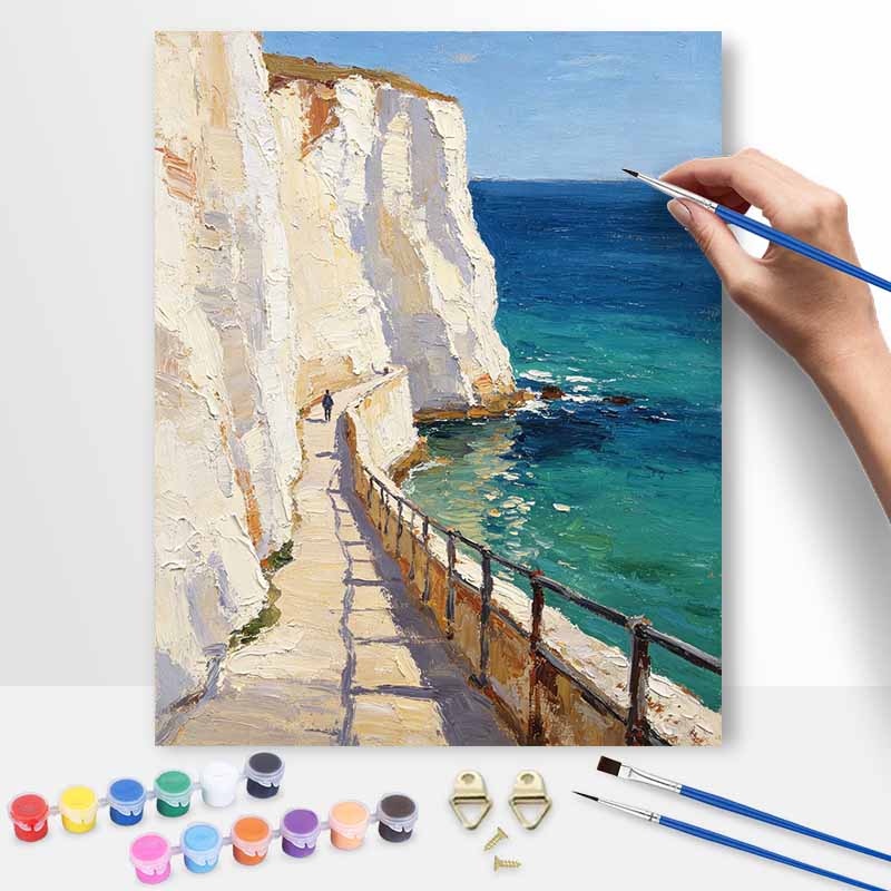 Digital oil painting kits of white coastal cliffs and blue ocean are ideal for professional art purposes and home wall decoration.