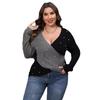 Women Plus Size Color Block Beaded Deep V Cross Long Sleeve Sweater
