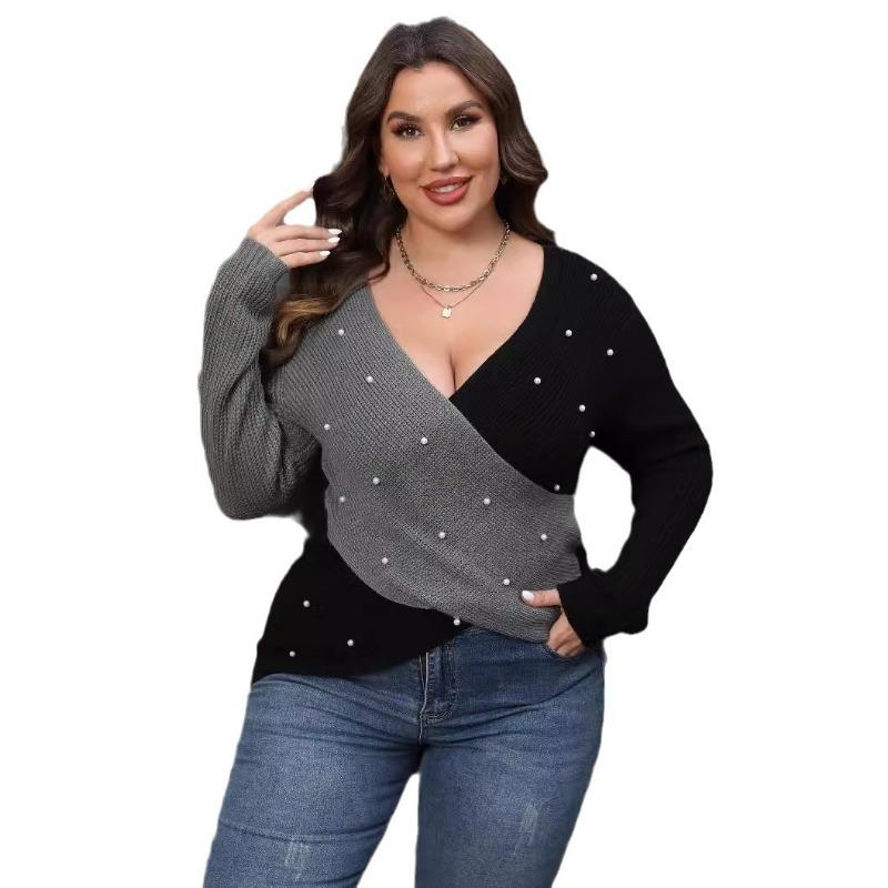 Women Plus Size Color Block Beaded Deep V Cross Long Sleeve Sweater