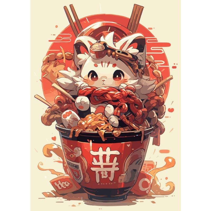 

Anime Japan Ramen and Cute Animal Poster Cartoon Cat Dog Raccoon Ramen Canvas Painting Wall Art for Living Room Home Decor 21cm×30cm NoFrame